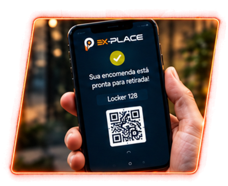Smartphone exibindo QR Code e código para retirada da encomenda